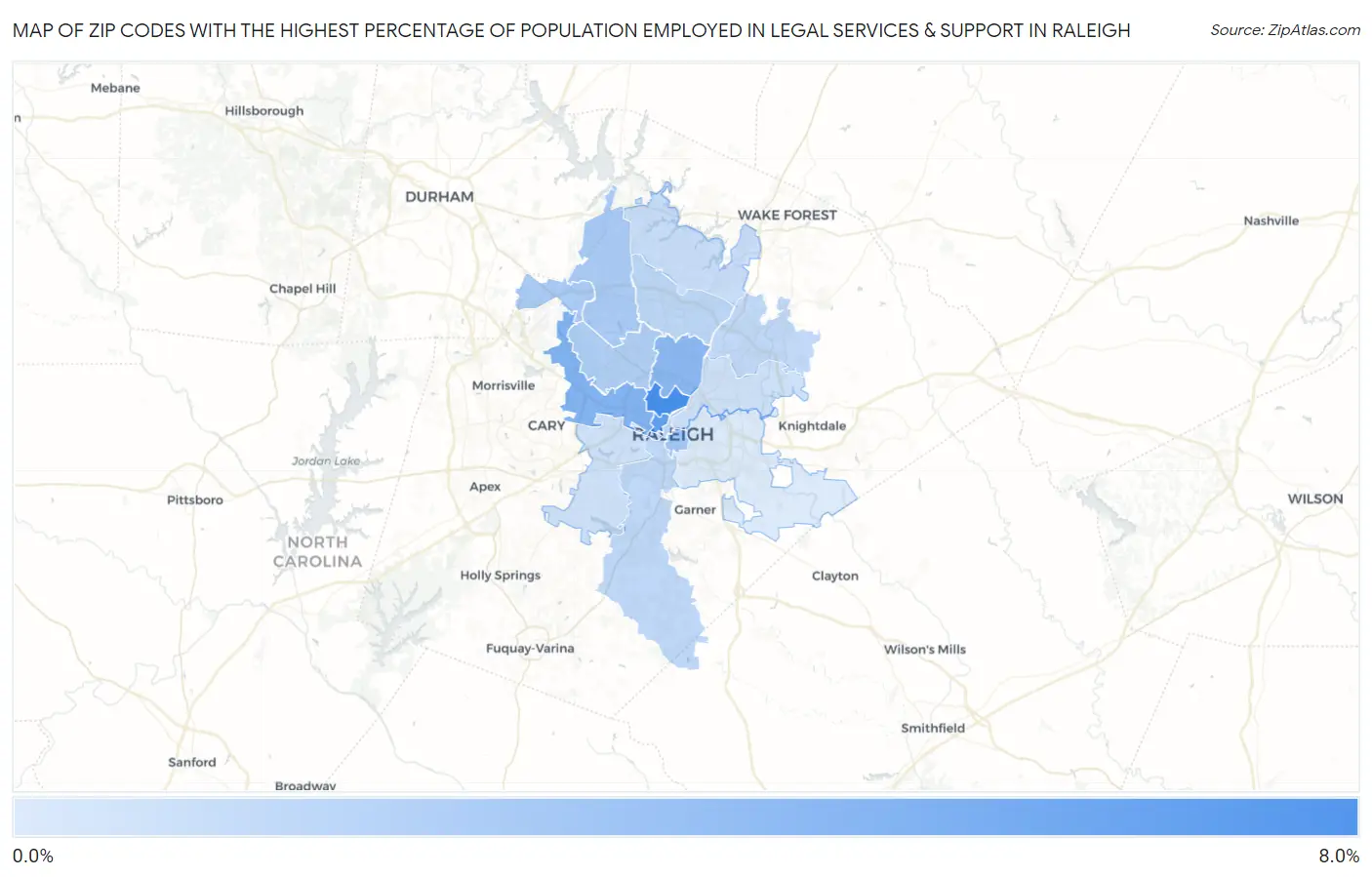 Zip Codes with the Highest Percentage of Population Employed in Legal Services & Support in Raleigh Map