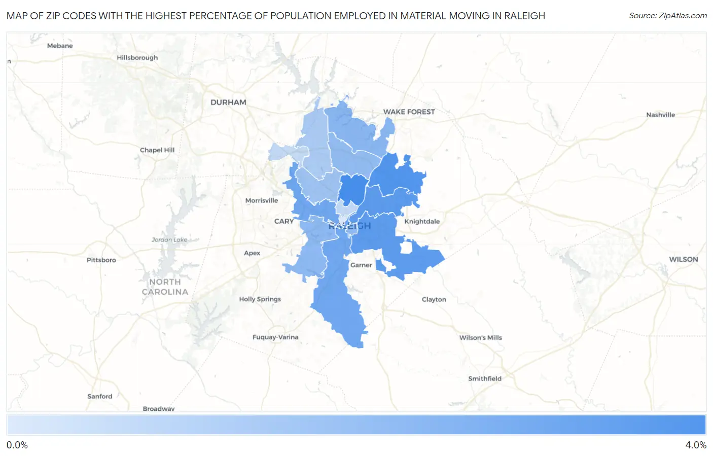 Zip Codes with the Highest Percentage of Population Employed in Material Moving in Raleigh Map
