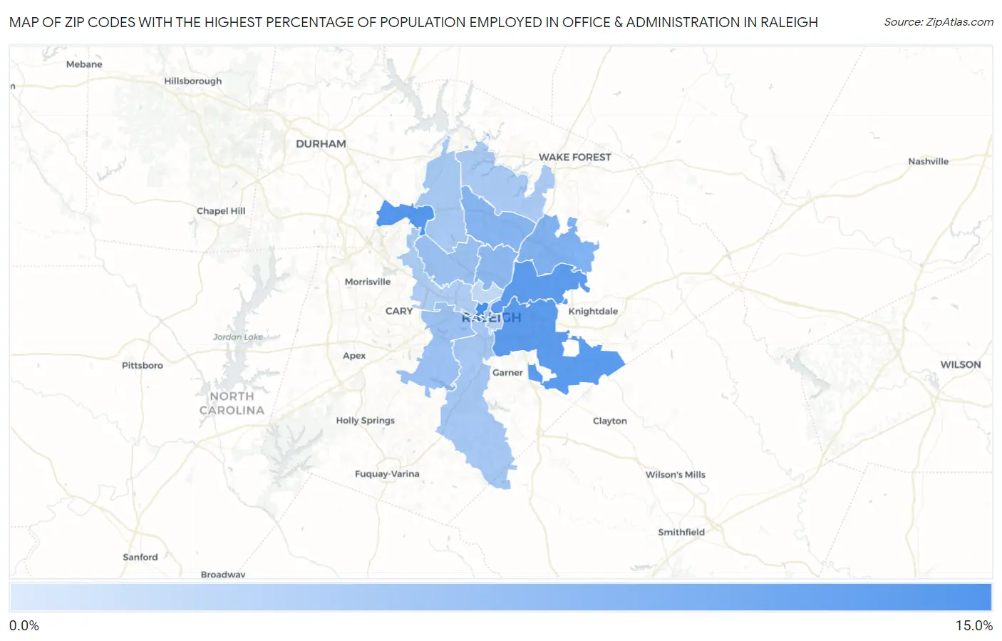 Zip Codes with the Highest Percentage of Population Employed in Office & Administration in Raleigh Map