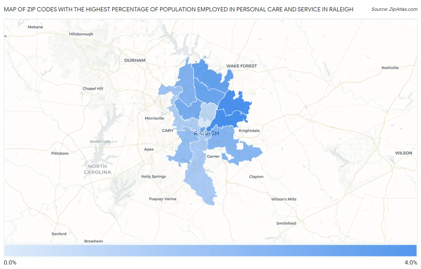 Zip Codes with the Highest Percentage of Population Employed in Personal Care and Service in Raleigh Map