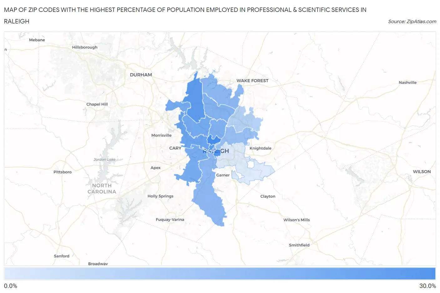 Zip Codes with the Highest Percentage of Population Employed in Professional & Scientific Services in Raleigh Map