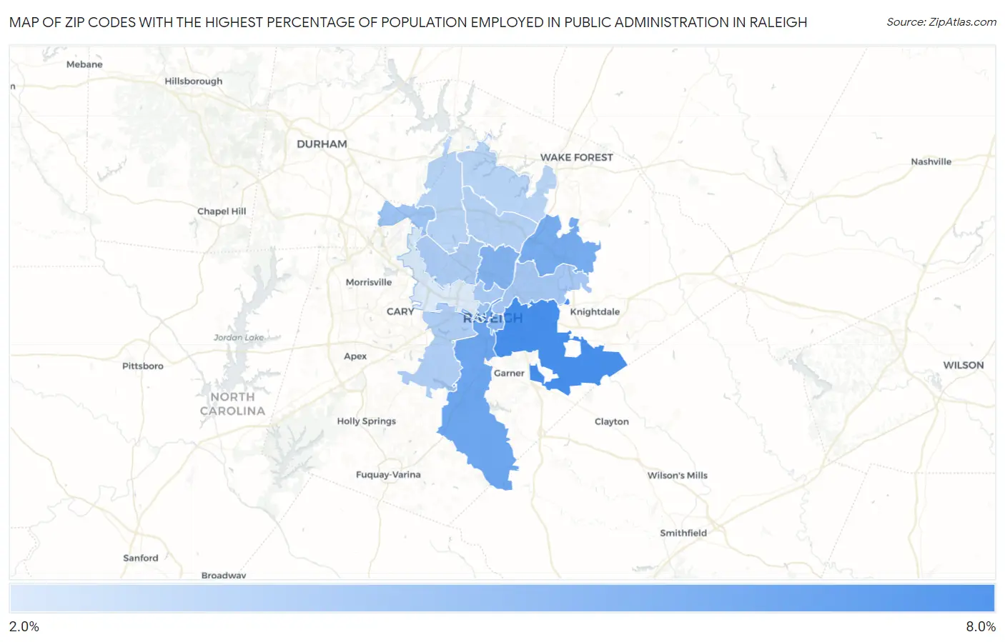 Zip Codes with the Highest Percentage of Population Employed in Public Administration in Raleigh Map