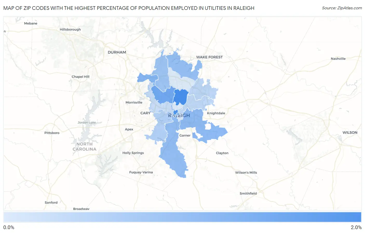 Zip Codes with the Highest Percentage of Population Employed in Utilities in Raleigh Map