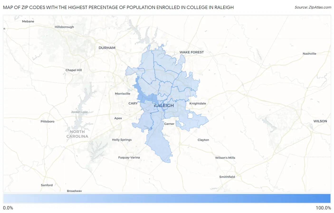 Zip Codes with the Highest Percentage of Population Enrolled in College in Raleigh Map