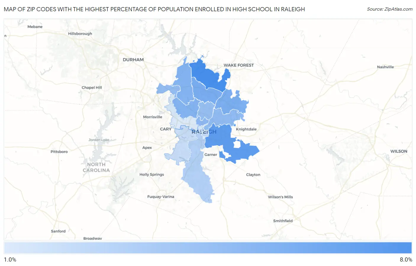 Zip Codes with the Highest Percentage of Population Enrolled in High School in Raleigh Map