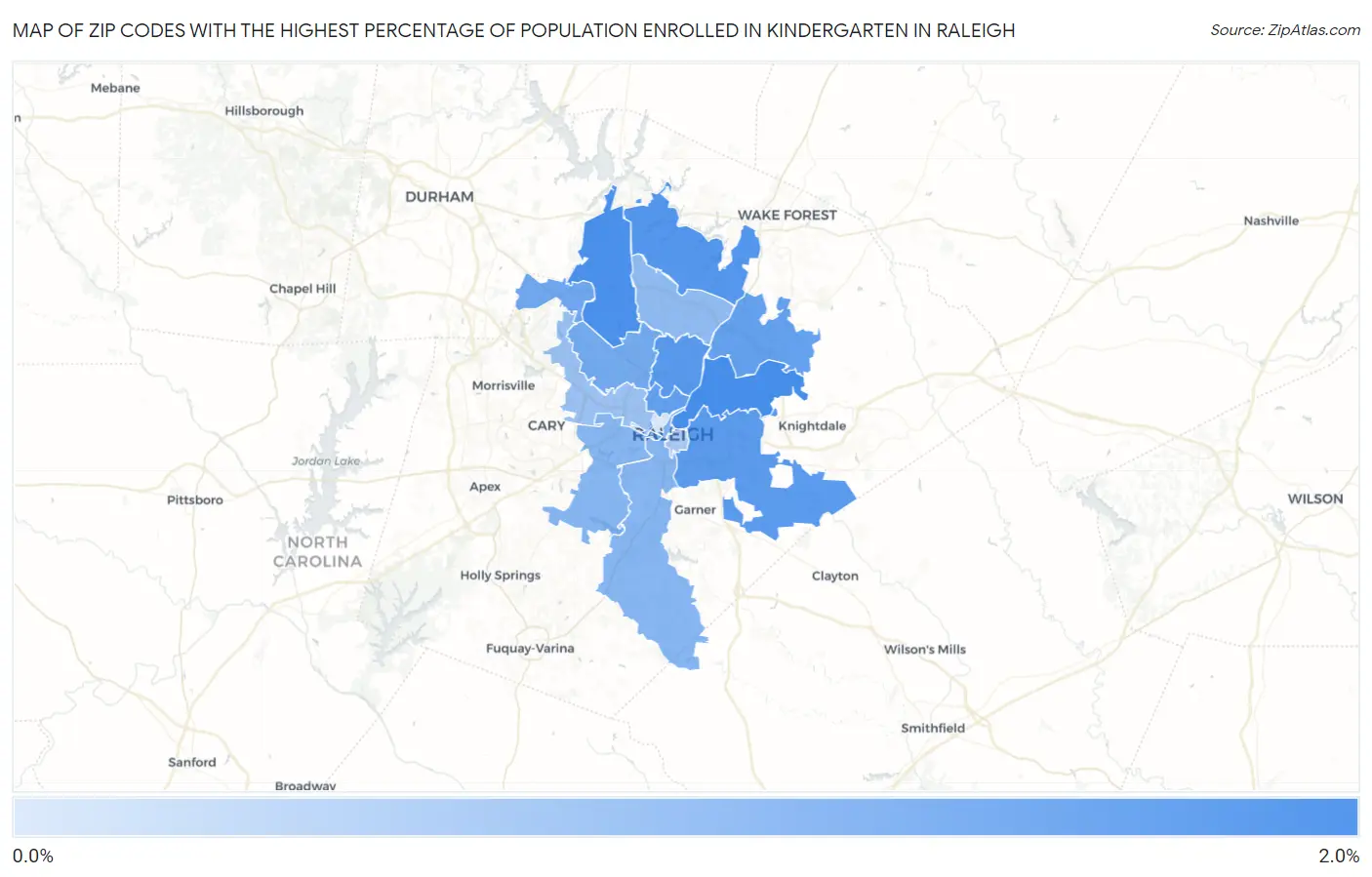 Zip Codes with the Highest Percentage of Population Enrolled in Kindergarten in Raleigh Map