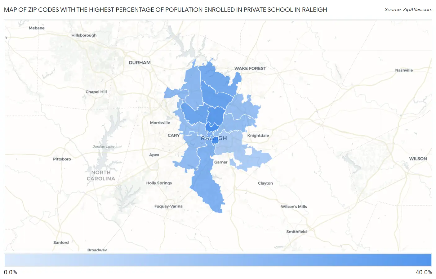 Zip Codes with the Highest Percentage of Population Enrolled in Private School in Raleigh Map