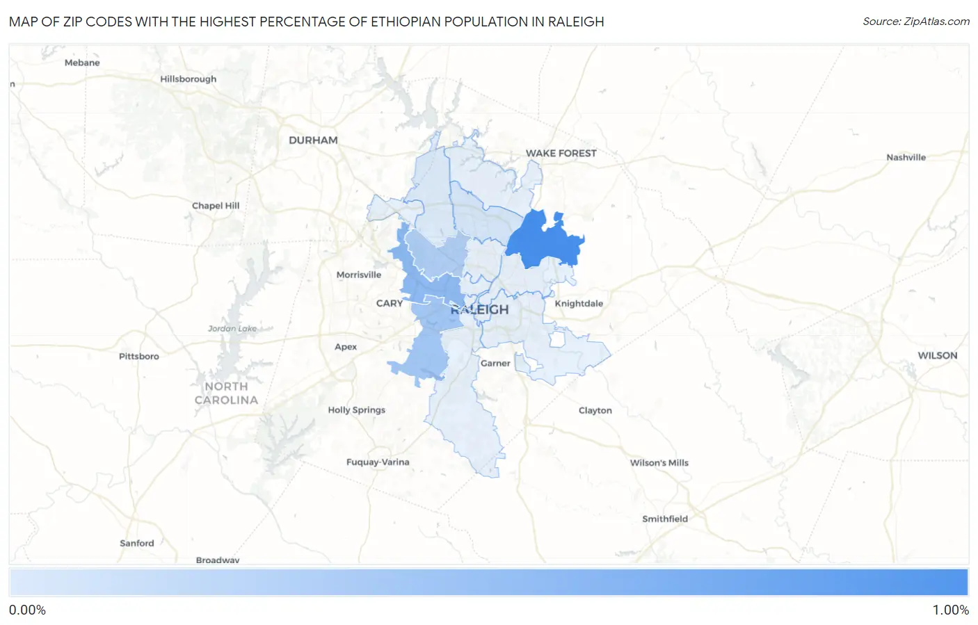 Zip Codes with the Highest Percentage of Ethiopian Population in Raleigh Map