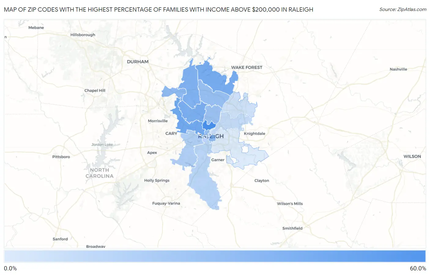 Zip Codes with the Highest Percentage of Families with Income Above $200,000 in Raleigh Map