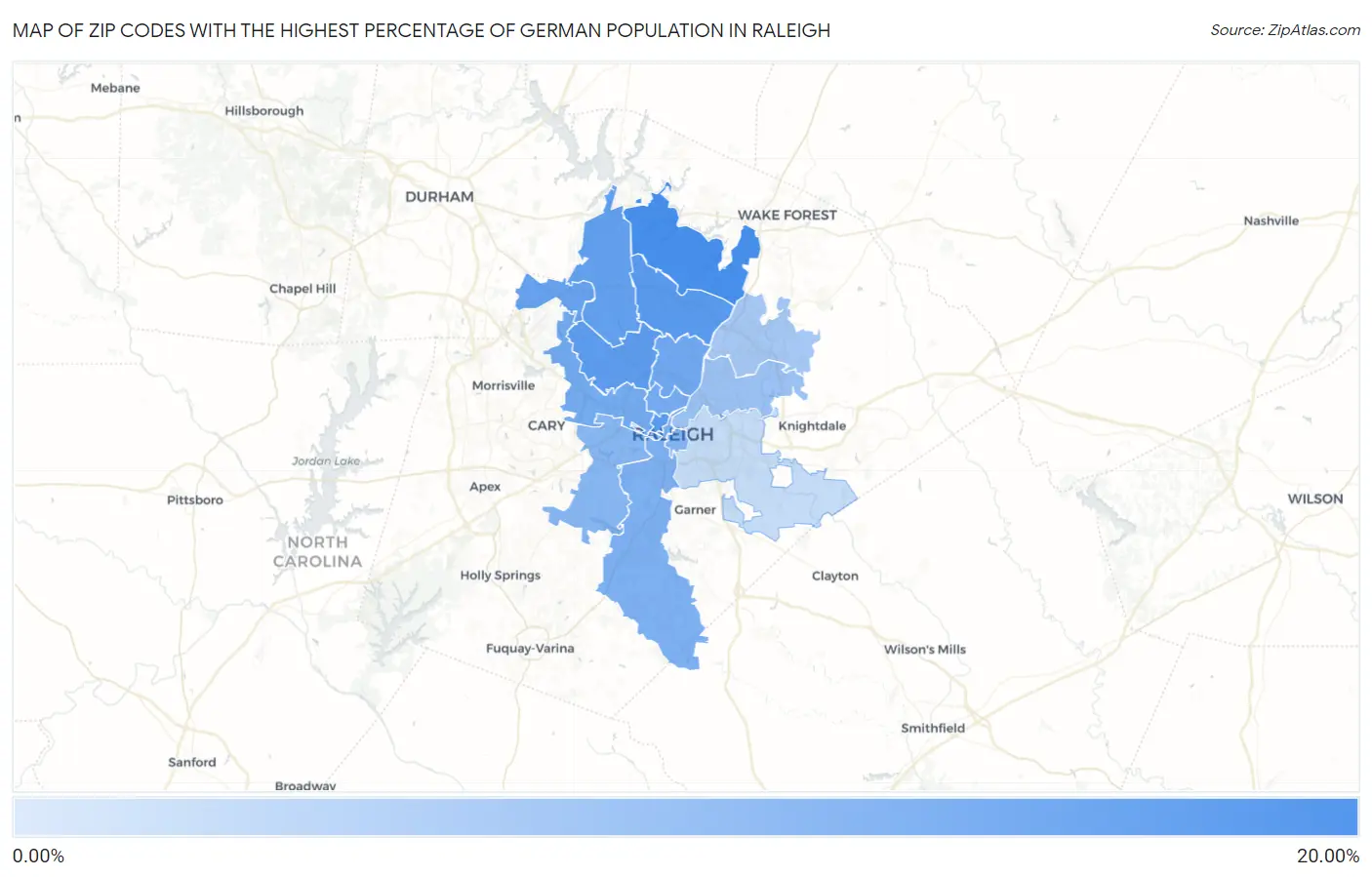Zip Codes with the Highest Percentage of German Population in Raleigh Map
