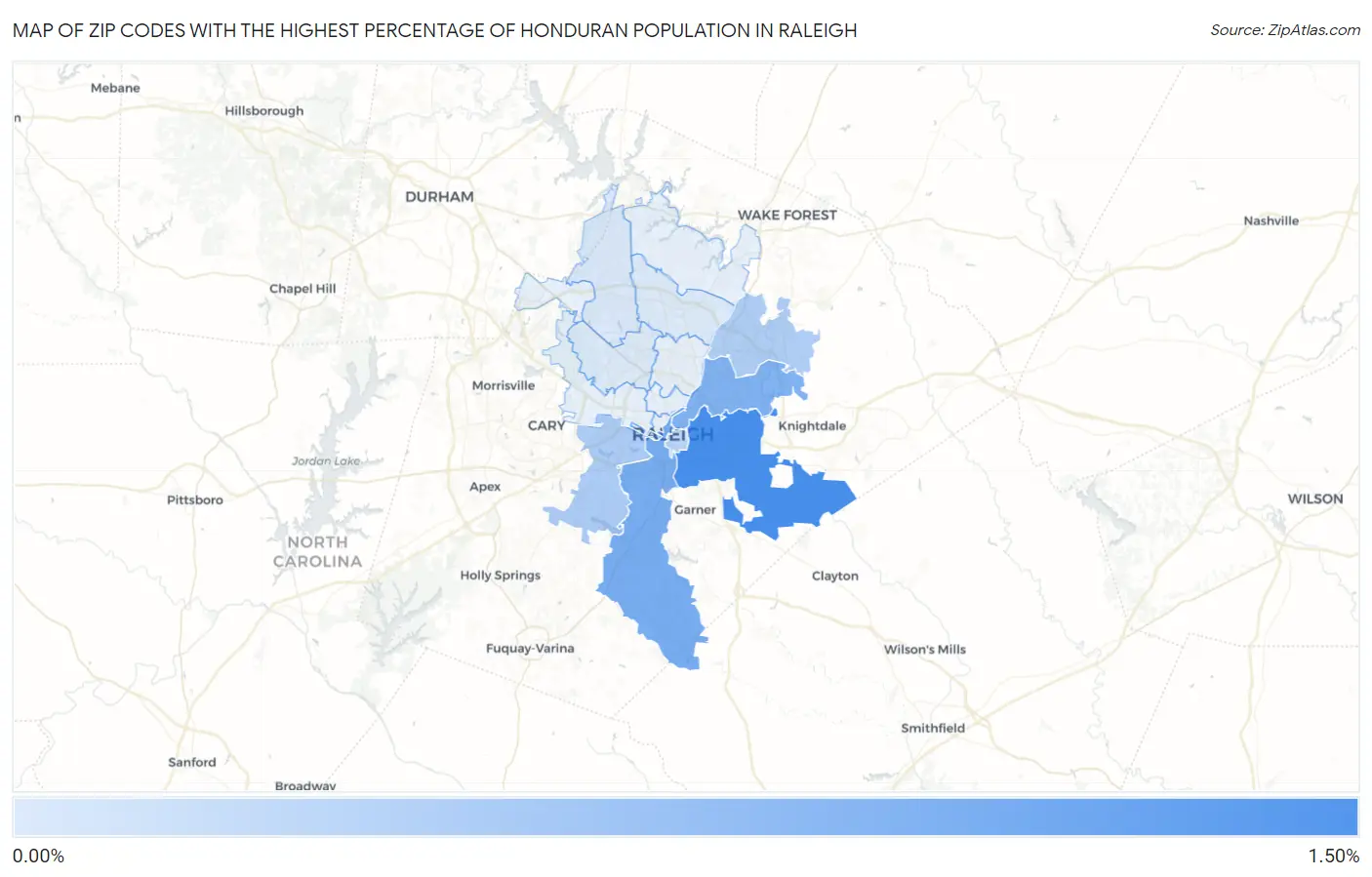 Zip Codes with the Highest Percentage of Honduran Population in Raleigh Map