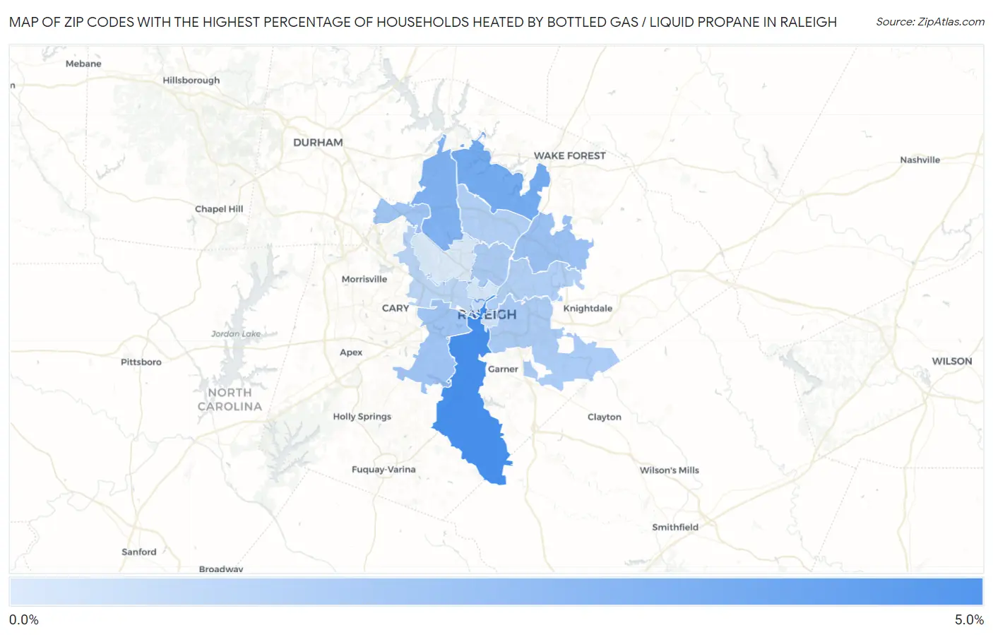 Zip Codes with the Highest Percentage of Households Heated by Bottled Gas / Liquid Propane in Raleigh Map