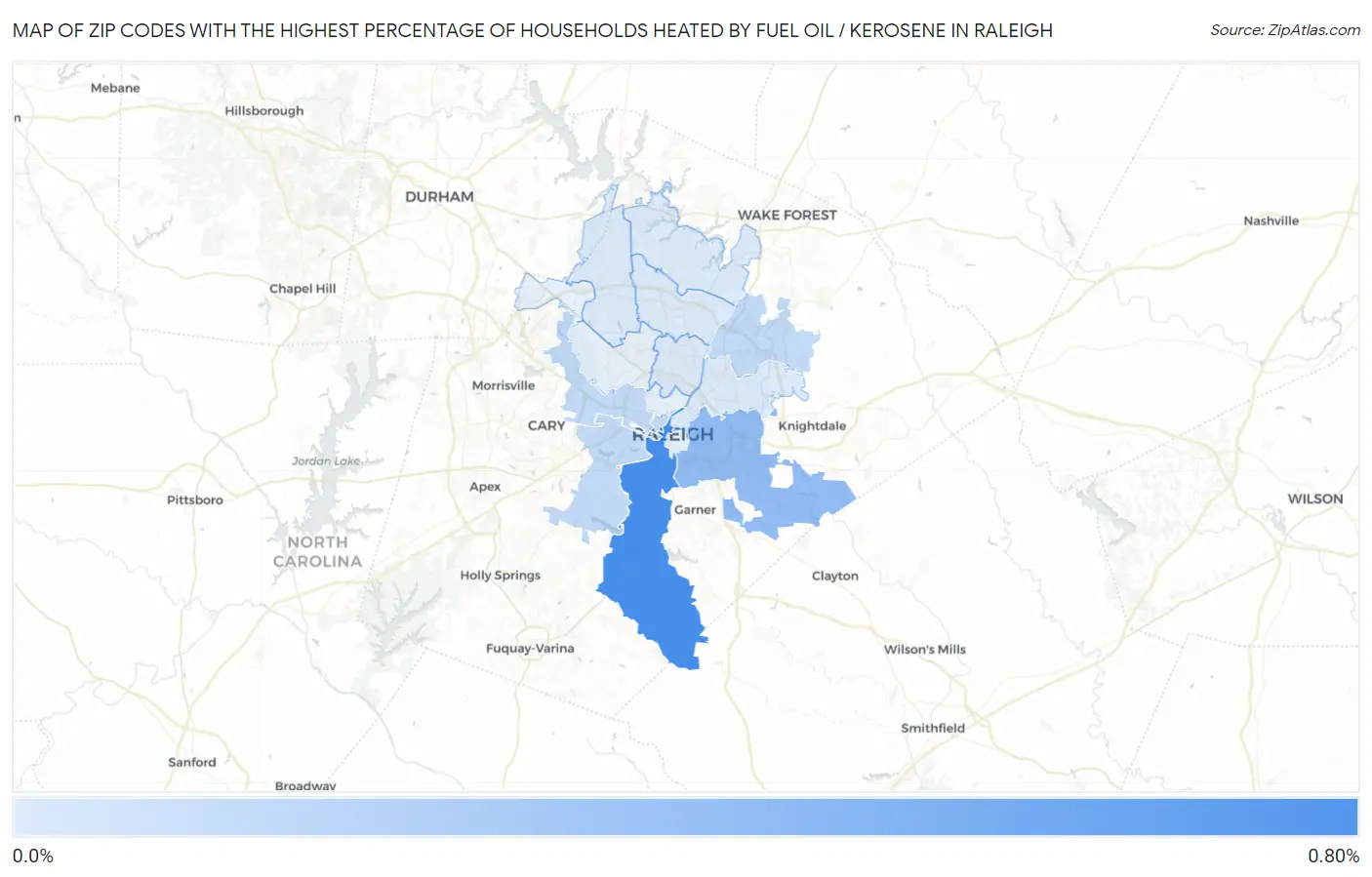Zip Codes with the Highest Percentage of Households Heated by Fuel Oil / Kerosene in Raleigh Map