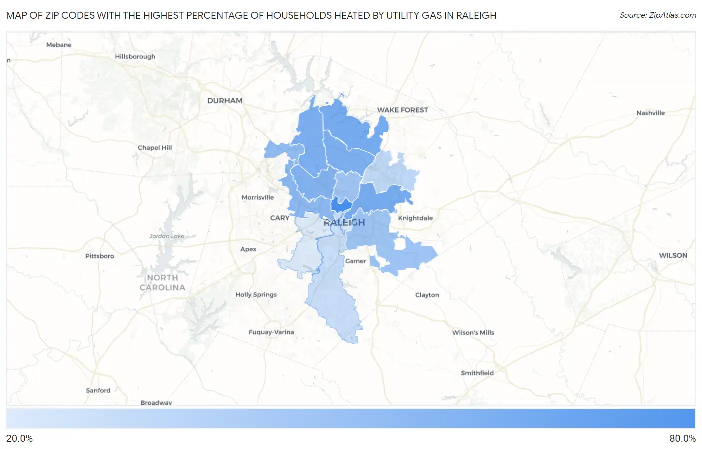 Zip Codes with the Highest Percentage of Households Heated by Utility Gas in Raleigh Map