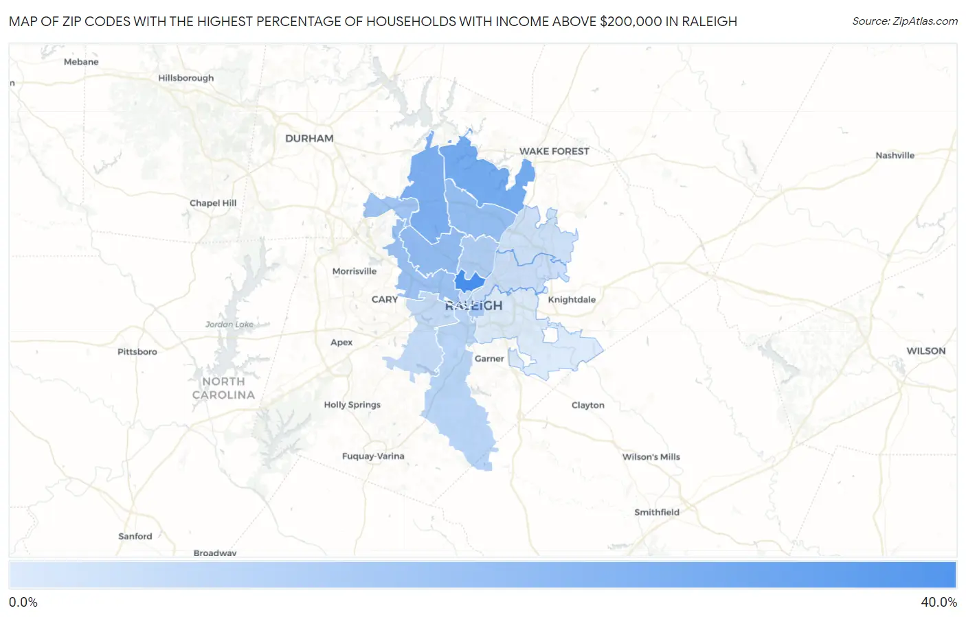Zip Codes with the Highest Percentage of Households with Income Above $200,000 in Raleigh Map