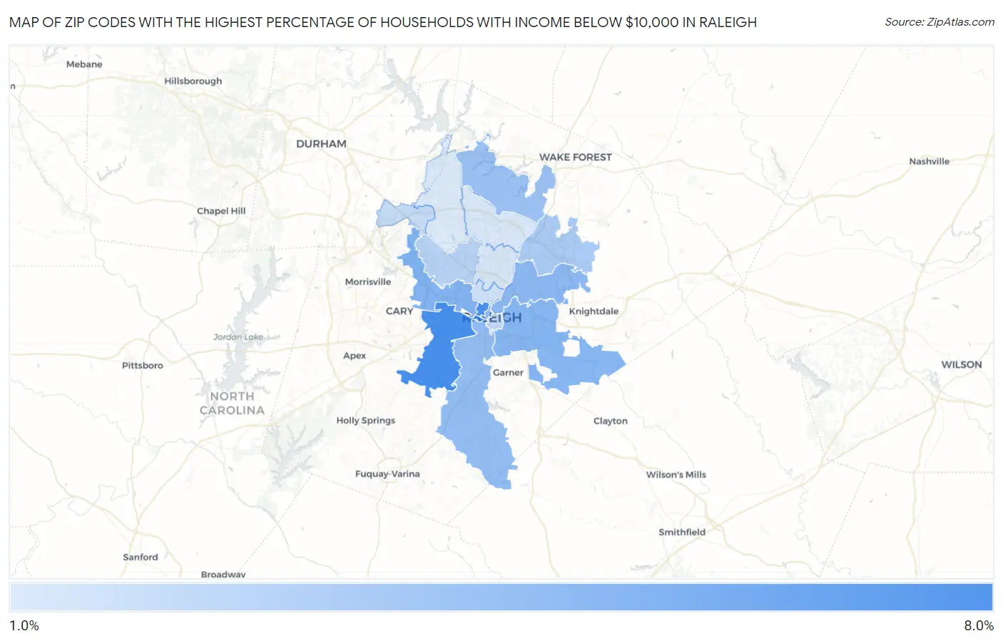 Zip Codes with the Highest Percentage of Households with Income Below $10,000 in Raleigh Map