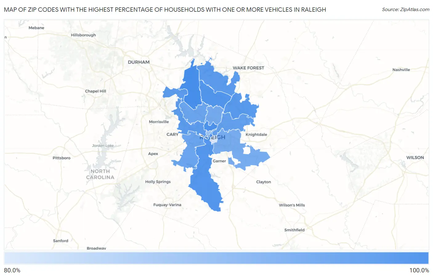 Zip Codes with the Highest Percentage of Households With One or more Vehicles in Raleigh Map