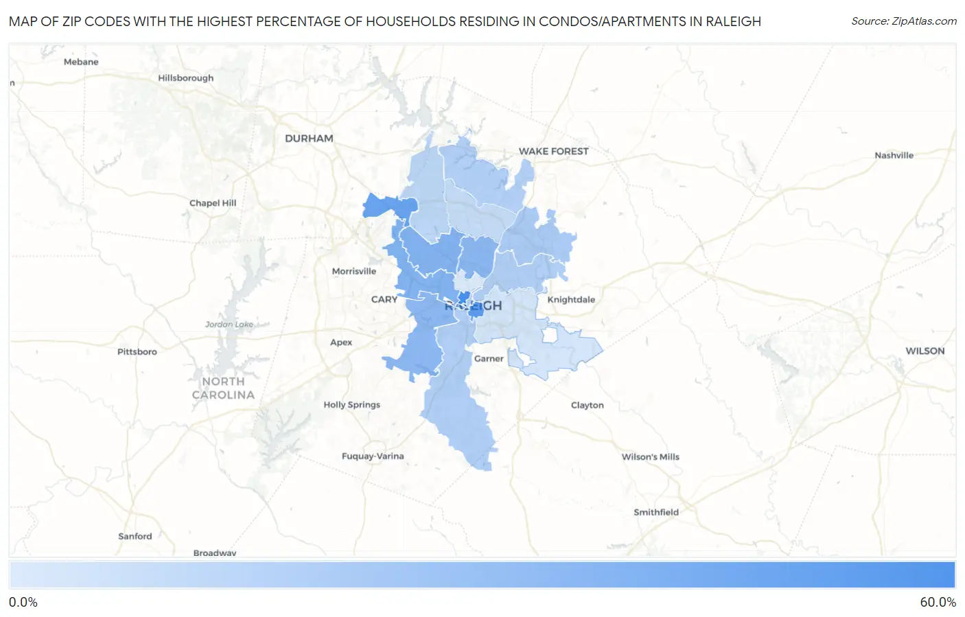 Zip Codes with the Highest Percentage of Households Residing in Condos/Apartments in Raleigh Map
