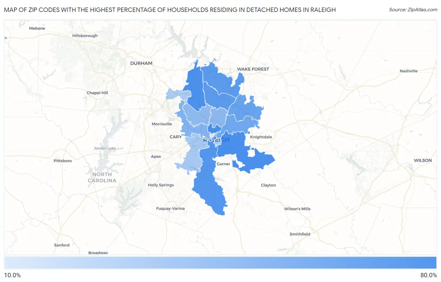 Zip Codes with the Highest Percentage of Households Residing in Detached Homes in Raleigh Map