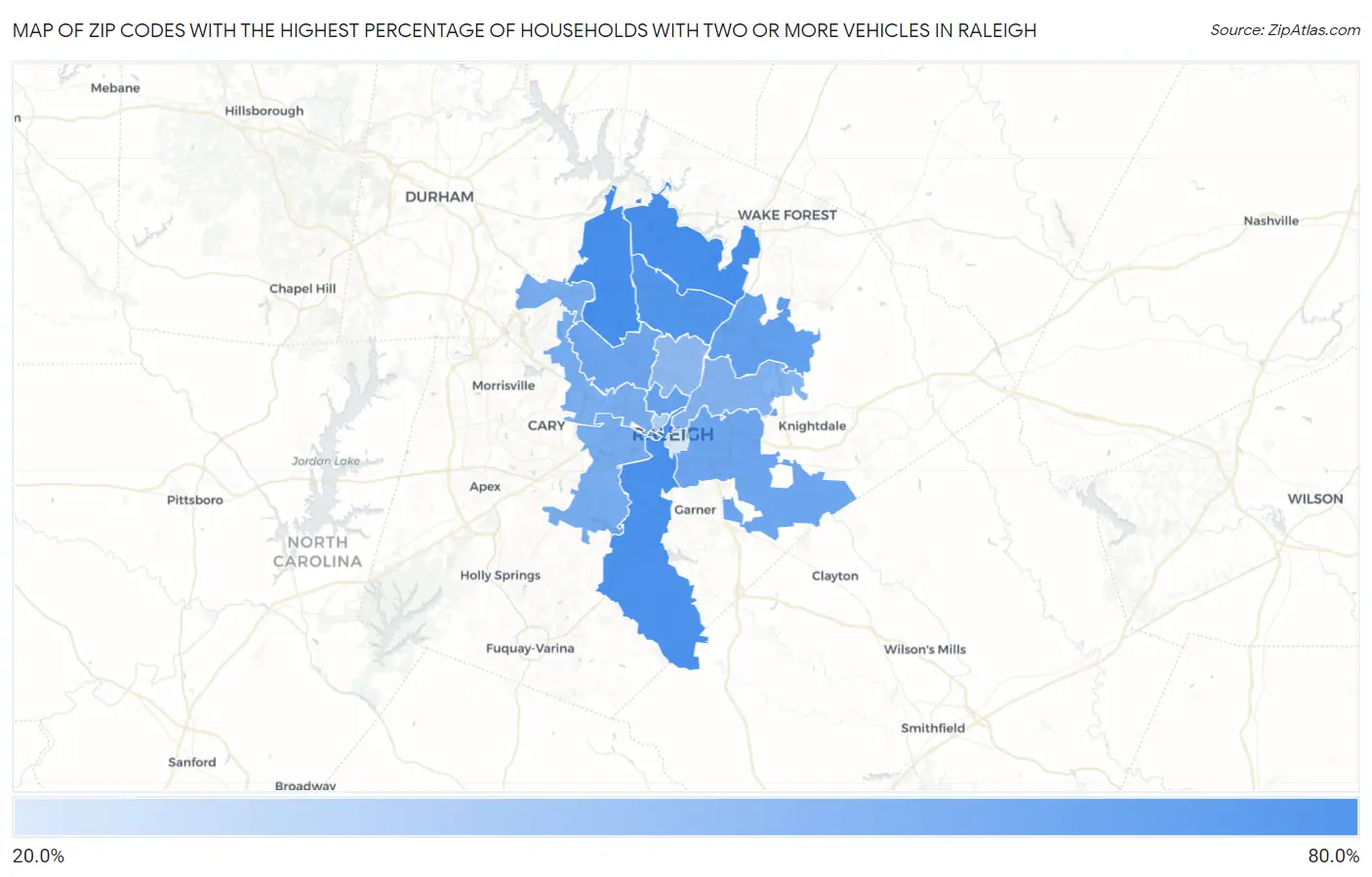Zip Codes with the Highest Percentage of Households With Two or more Vehicles in Raleigh Map