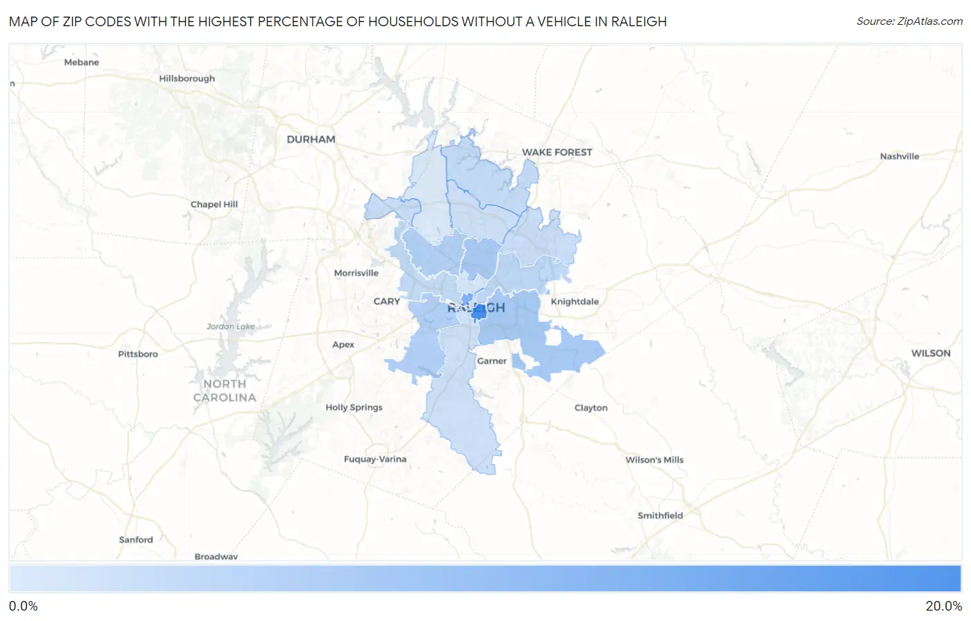 Zip Codes with the Highest Percentage of Households Without a Vehicle in Raleigh Map
