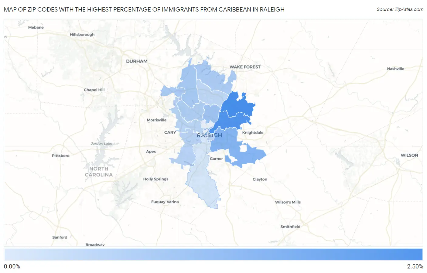 Zip Codes with the Highest Percentage of Immigrants from Caribbean in Raleigh Map
