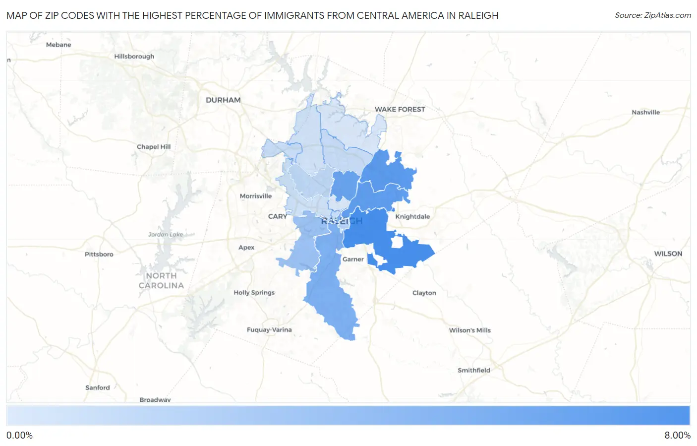 Zip Codes with the Highest Percentage of Immigrants from Central America in Raleigh Map