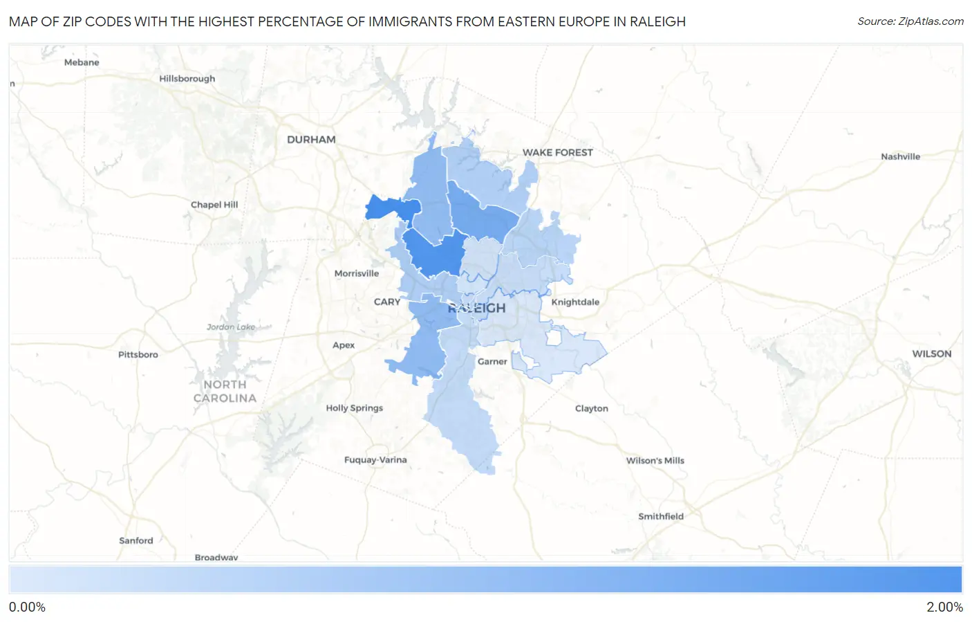 Zip Codes with the Highest Percentage of Immigrants from Eastern Europe in Raleigh Map