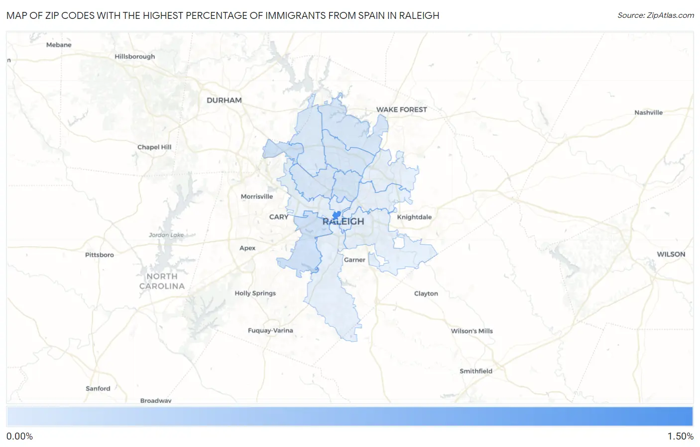 Zip Codes with the Highest Percentage of Immigrants from Spain in Raleigh Map