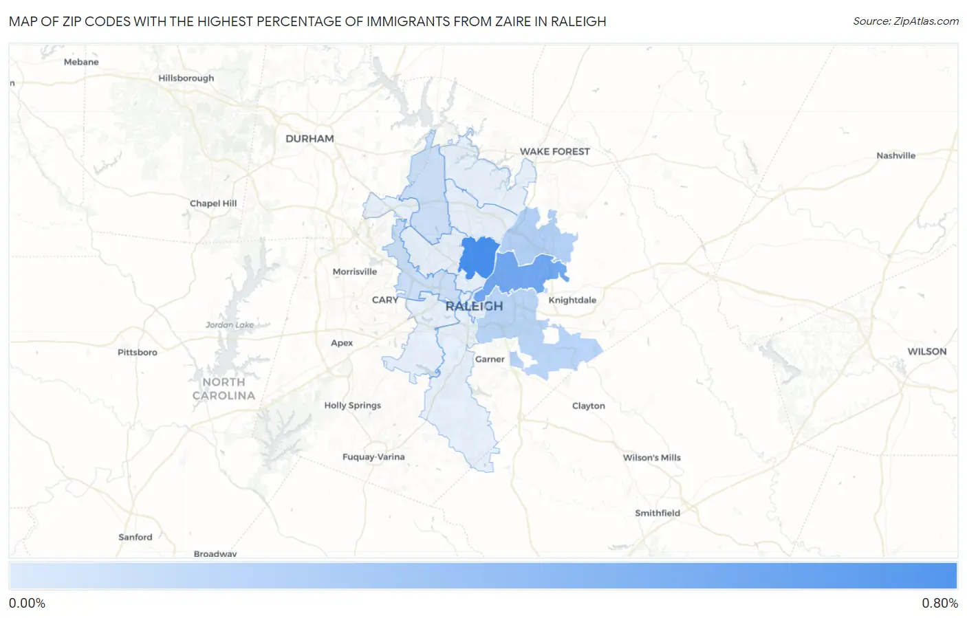 Zip Codes with the Highest Percentage of Immigrants from Zaire in Raleigh Map