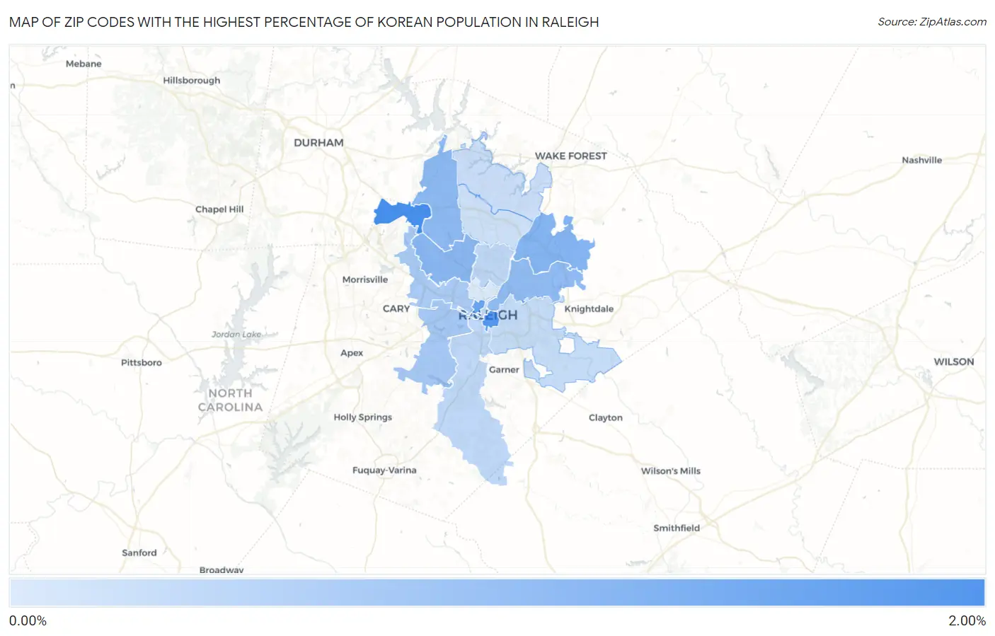 Zip Codes with the Highest Percentage of Korean Population in Raleigh Map