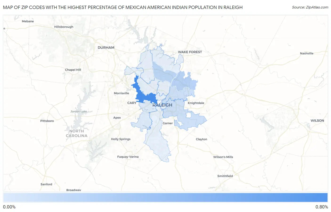 Zip Codes with the Highest Percentage of Mexican American Indian Population in Raleigh Map