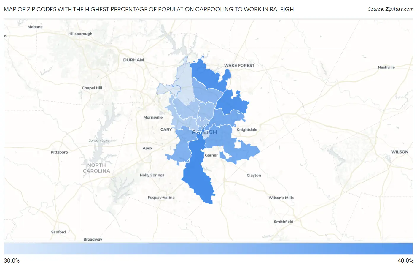 Zip Codes with the Highest Percentage of Population Carpooling to Work in Raleigh Map