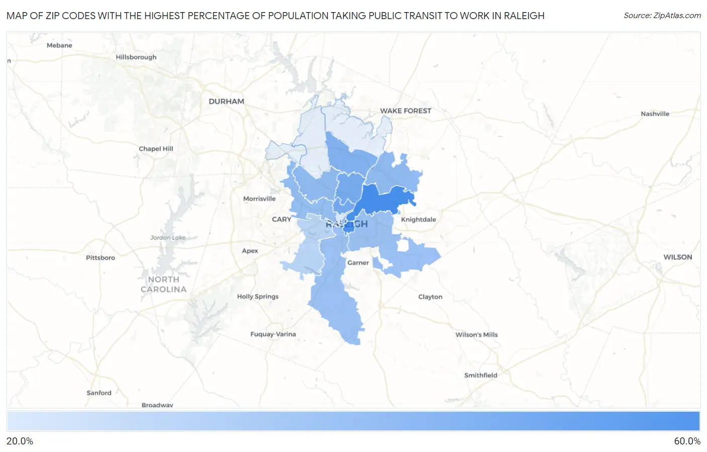 Zip Codes with the Highest Percentage of Population Taking Public Transit to Work in Raleigh Map