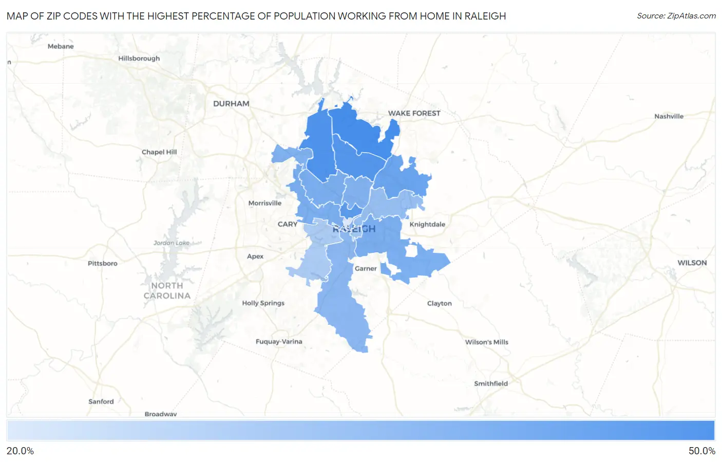 Zip Codes with the Highest Percentage of Population Working from Home in Raleigh Map