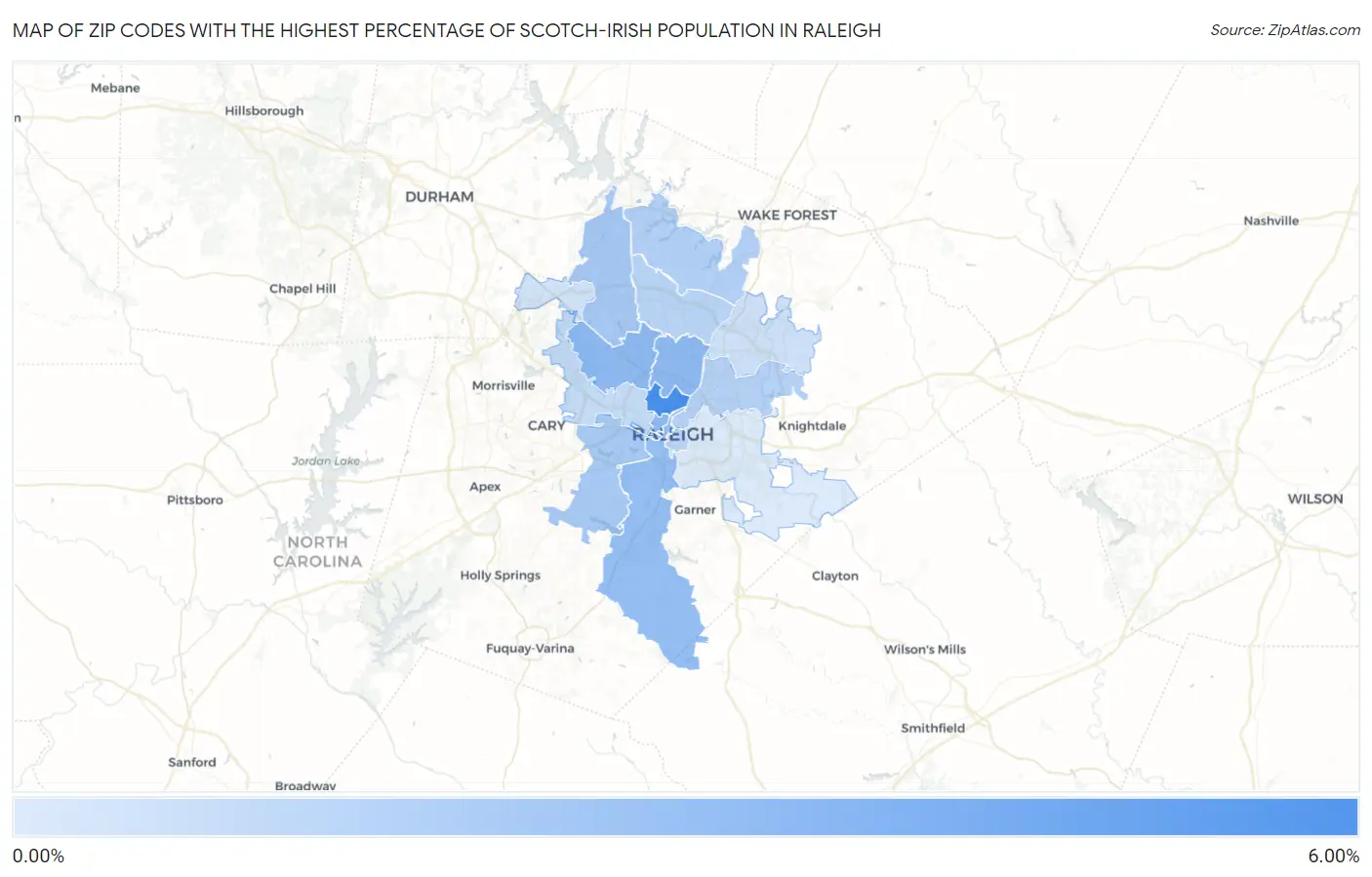 Zip Codes with the Highest Percentage of Scotch-Irish Population in Raleigh Map