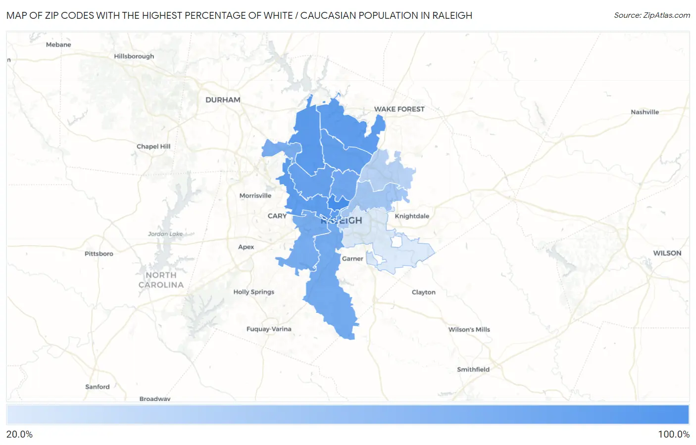 Zip Codes with the Highest Percentage of White / Caucasian Population in Raleigh Map