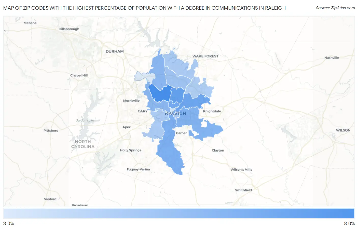 Zip Codes with the Highest Percentage of Population with a Degree in Communications in Raleigh Map