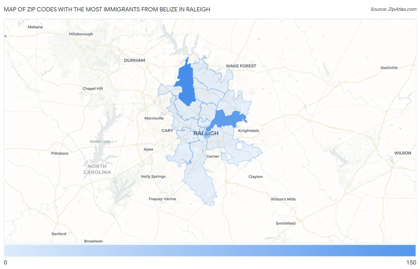 Zip Codes with the Most Immigrants from Belize in Raleigh Map