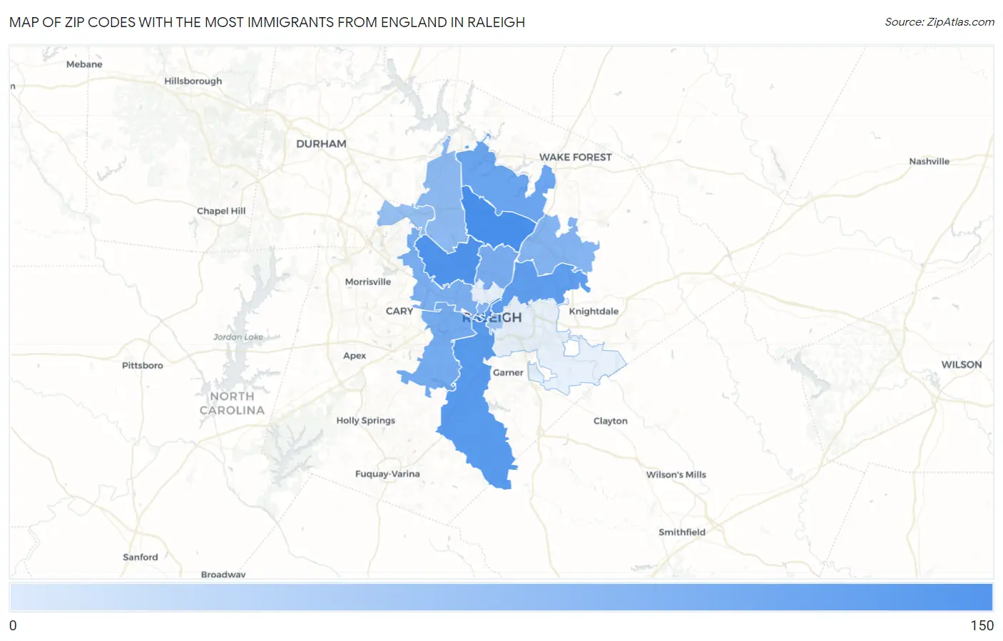 Zip Codes with the Most Immigrants from England in Raleigh Map