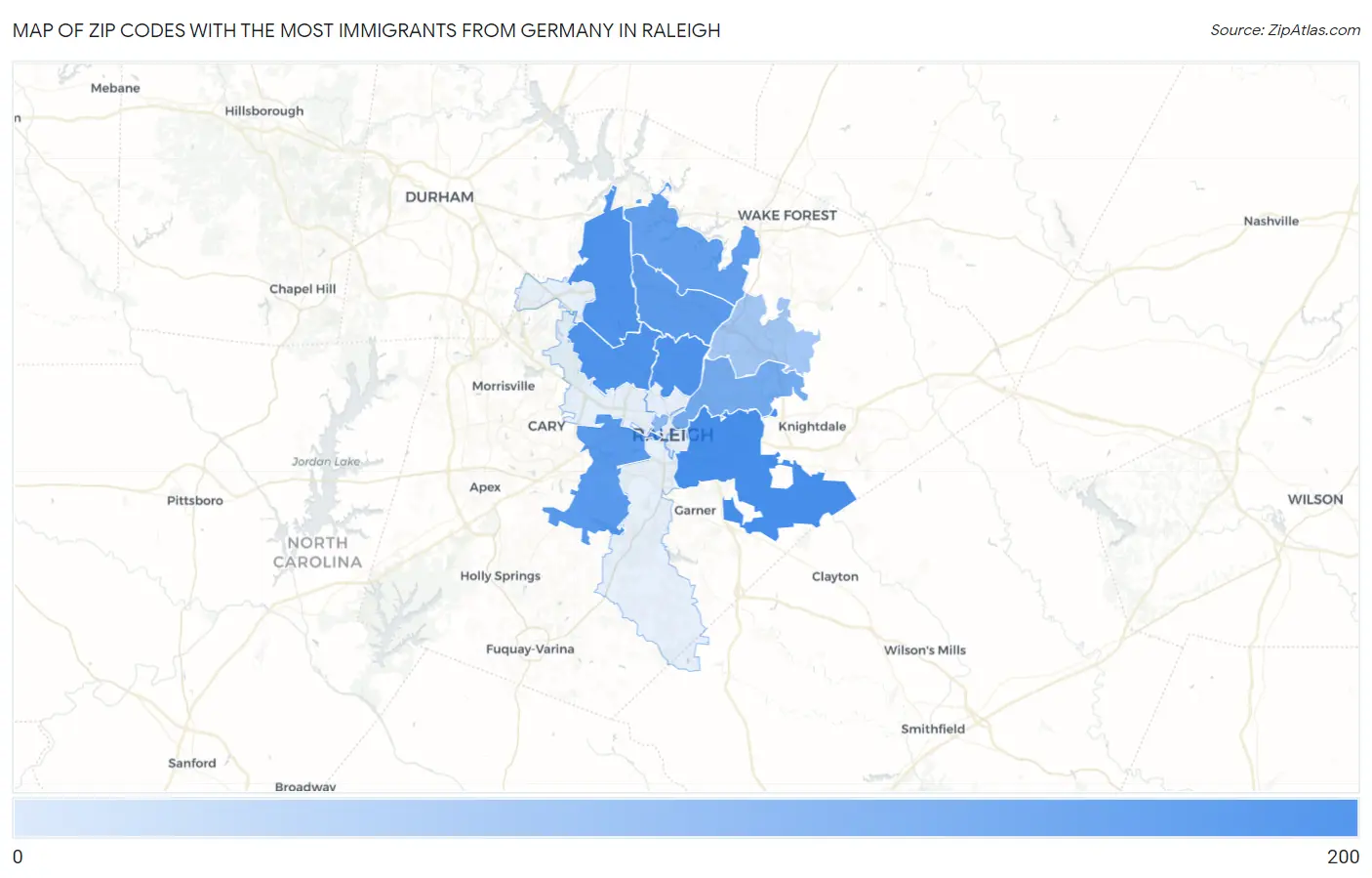 Zip Codes with the Most Immigrants from Germany in Raleigh Map