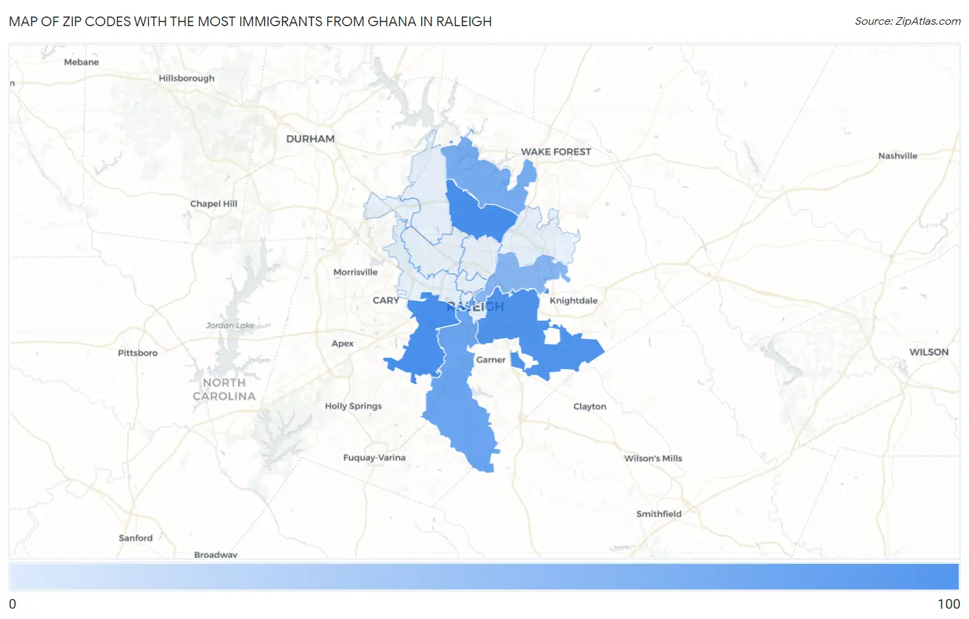 Zip Codes with the Most Immigrants from Ghana in Raleigh Map