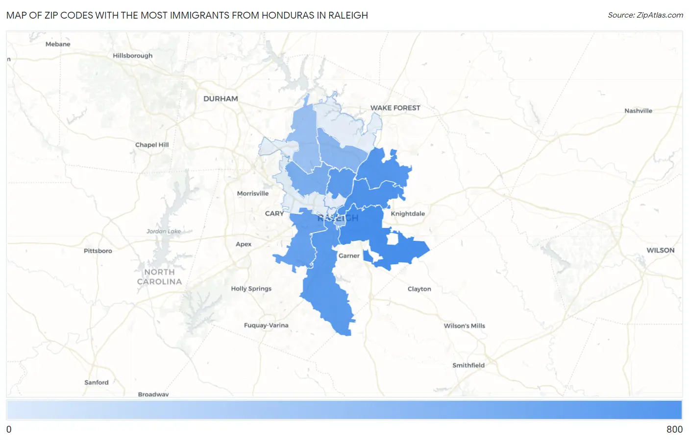Zip Codes with the Most Immigrants from Honduras in Raleigh Map