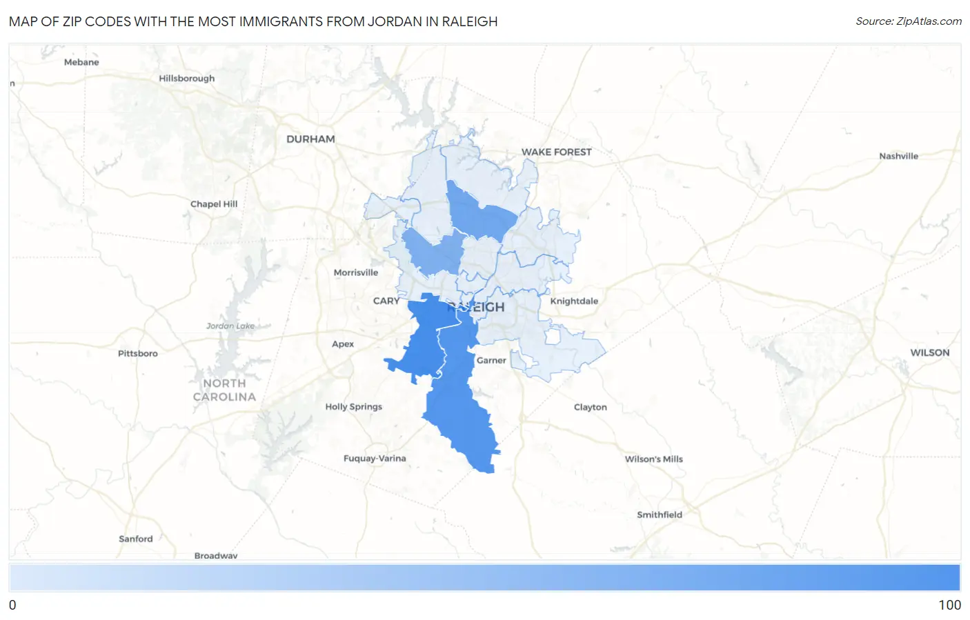 Zip Codes with the Most Immigrants from Jordan in Raleigh Map
