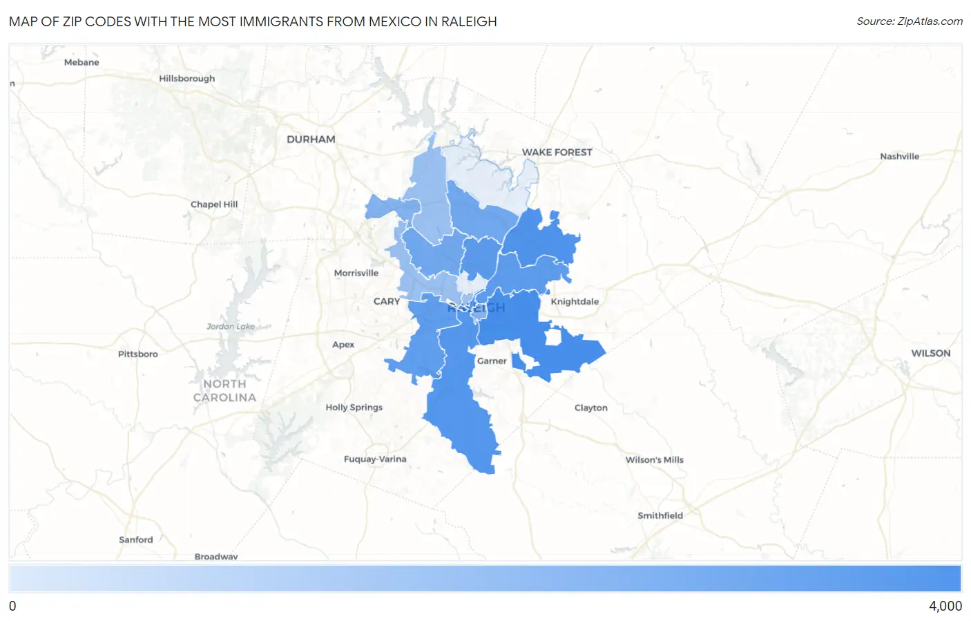 Zip Codes with the Most Immigrants from Mexico in Raleigh Map