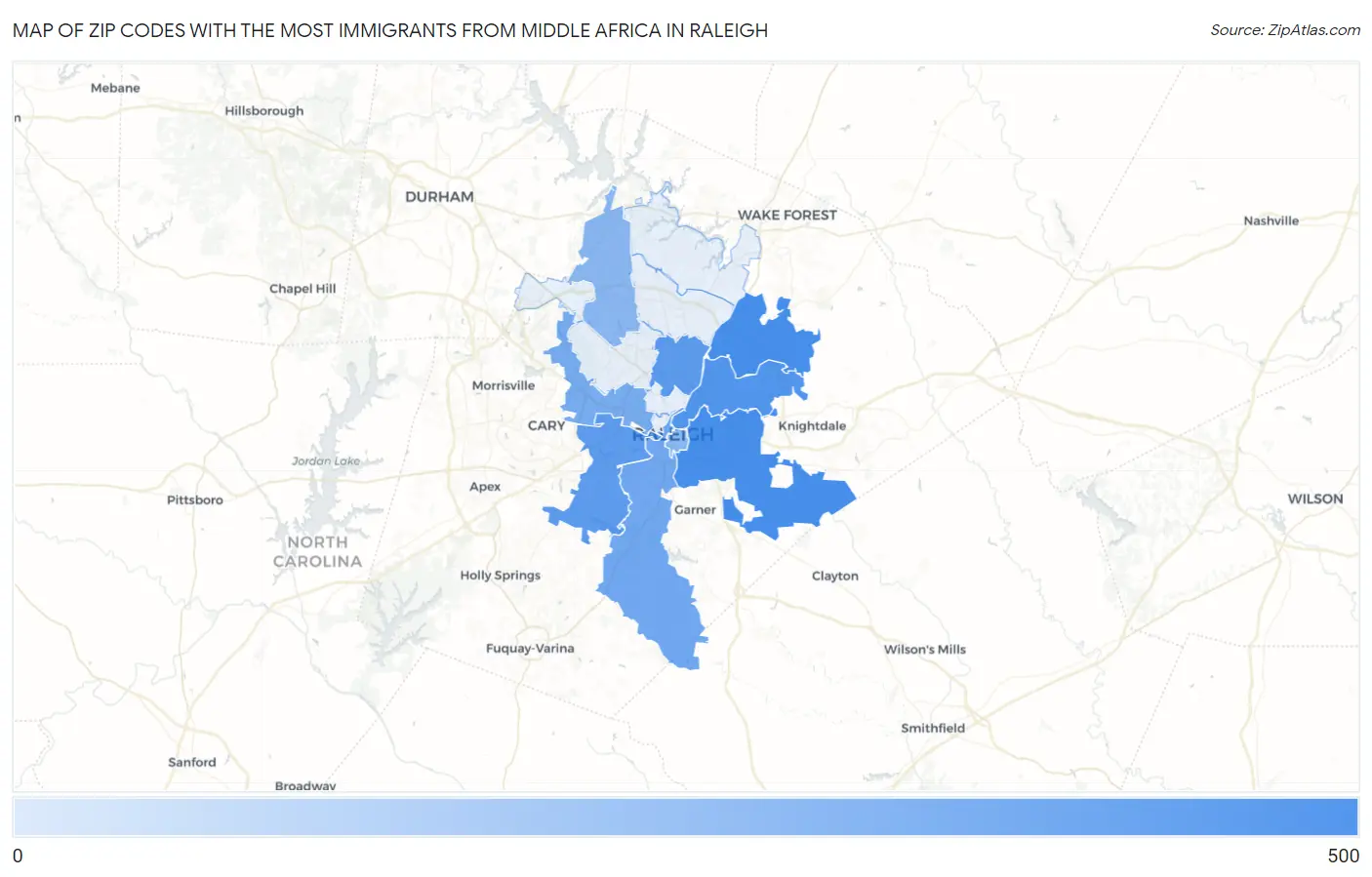 Zip Codes with the Most Immigrants from Middle Africa in Raleigh Map