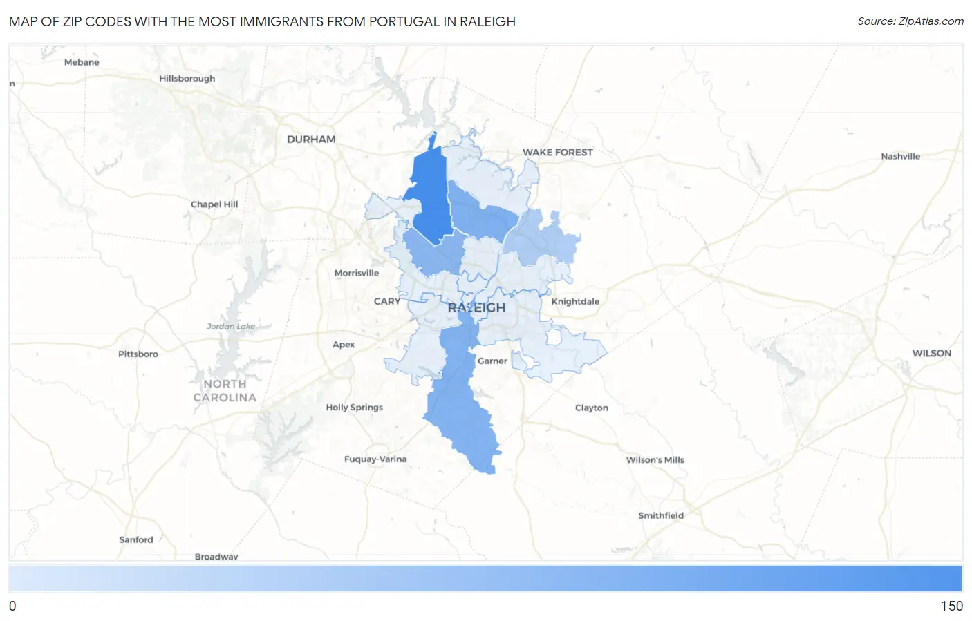 Zip Codes with the Most Immigrants from Portugal in Raleigh Map