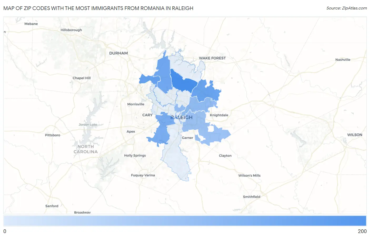Zip Codes with the Most Immigrants from Romania in Raleigh Map