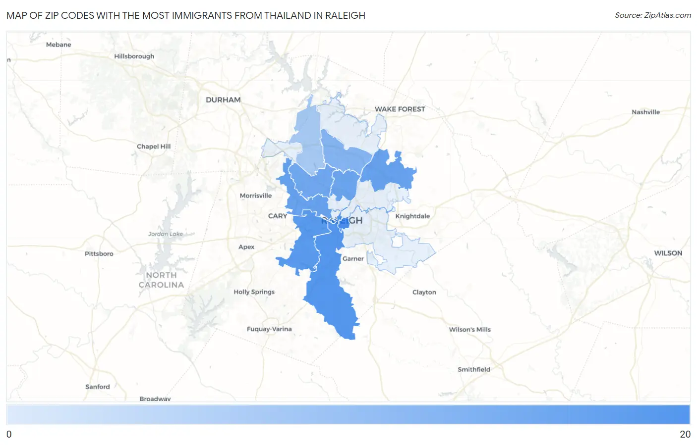 Zip Codes with the Most Immigrants from Thailand in Raleigh Map