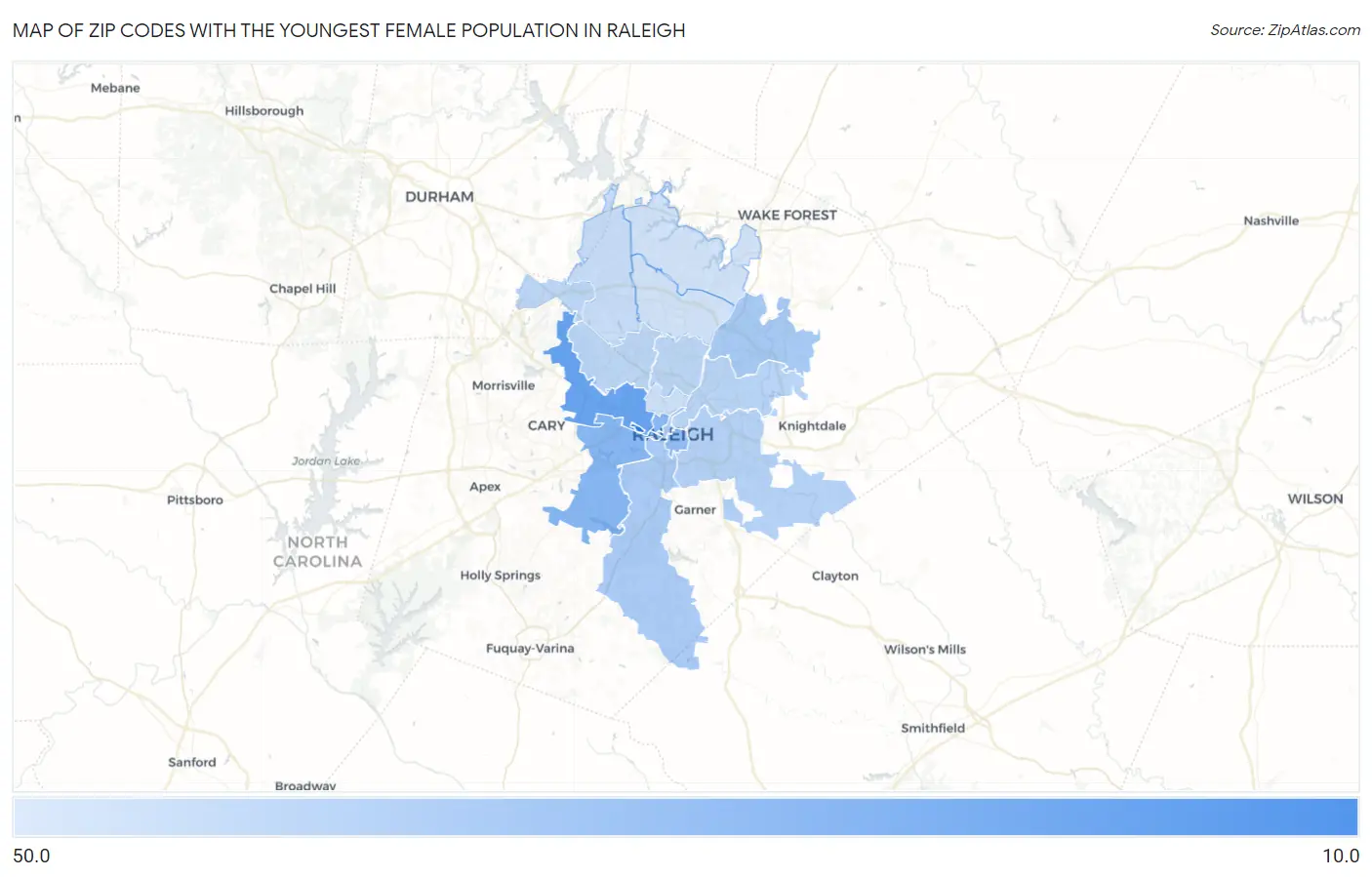 Zip Codes with the Youngest Female Population in Raleigh Map